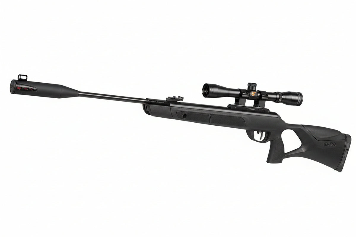 Black GAMO airsoft rifle with a mounted scope and adjustable stock, whisper barrell, shown on a white background 