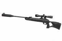 Black GAMO airsoft rifle with a mounted scope and adjustable stock, whisper barrell, shown on a white background 