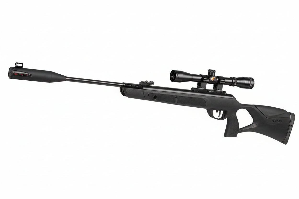 Black GAMO airsoft rifle with a mounted scope and adjustable stock, whisper barrell, shown on a white background 
